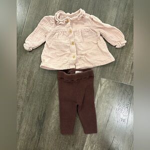 Pink Gauze Button Baby Top & Brown Knit Leggings Set - size 0-3 months